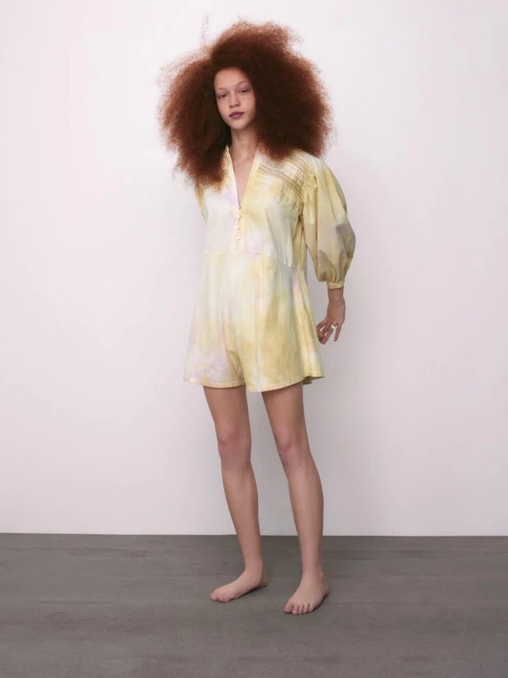 Zara Tie Dye Cotton Romper Boho Puff Sleeve Button Front Size S - Picture 11 of 12